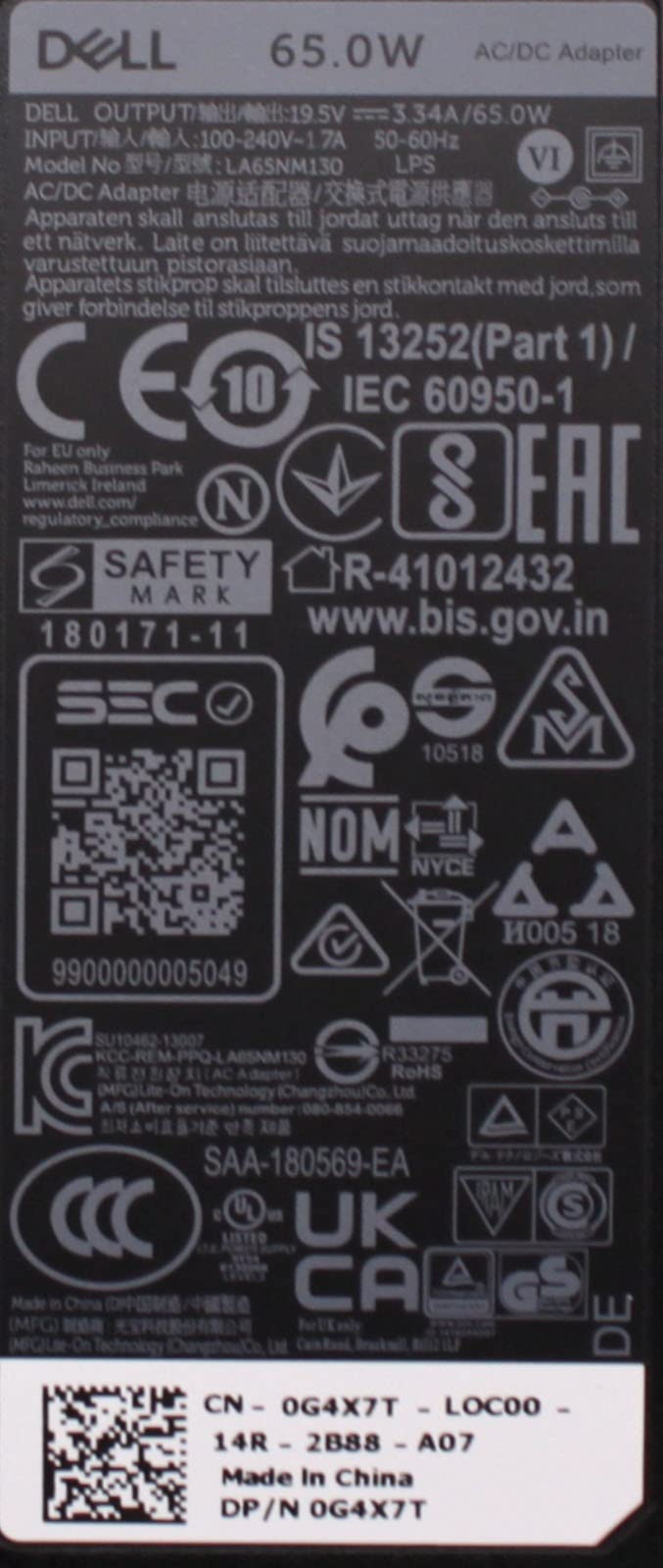 Dell Genuine 65W Charger For Latitude 3160, 3180, 3189, 3330, 3380, 3480, 3570, 3580, 5480, 5280, 5580, 7270, 7480 Laptop AC Adapter PSU With UK Power Cord