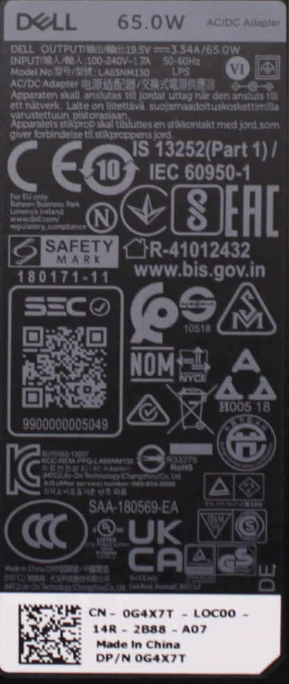 Dell Genuine 65W Charger For Latitude 3160, 3180, 3189, 3330, 3380, 3480, 3570, 3580, 5480, 5280, 5580, 7270, 7480 Laptop AC Adapter PSU With UK Power Cord